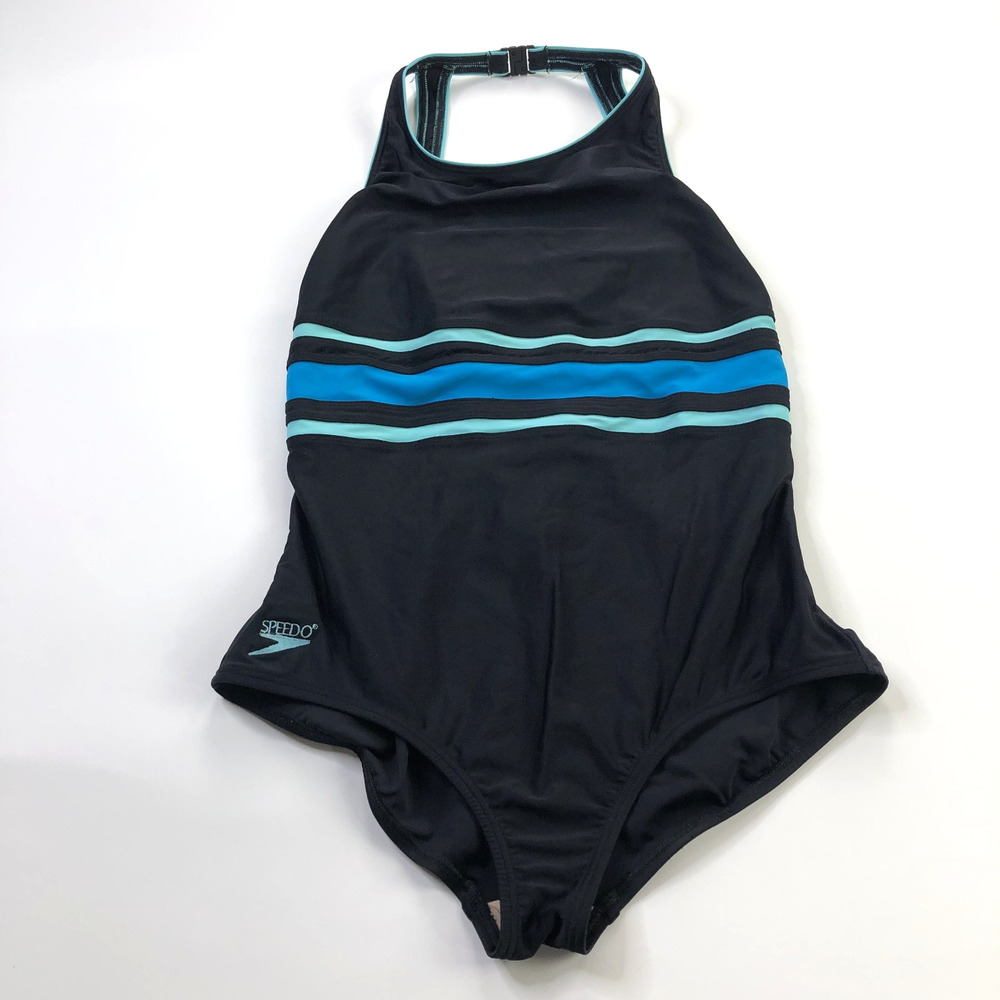 Vintage Speedo Women's 18 Bathing Suit Logo Y2K Open Back Black Blue